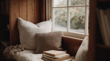 Fototapeta premium Cozy corner of a room with a window. the window is made of wood and has a white frame. on the window sill, there are two beige throw pillows with a textured pattern.