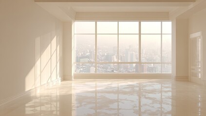 Obraz premium A bright, empty room with large windows offering a hazy city view and a shiny floor