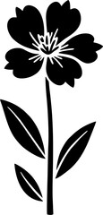 Black silhouette of a single flower with five petals, a detailed center, and three leaves on a slender stem.