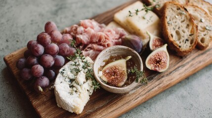 Flat lay of a wooden platter with a variety of food items arranged on it. on the left side of the platter, there are a bunch of red grapes, a small bowl of blue cheese, and a few slices of bread.