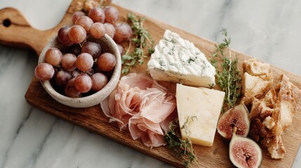 Wooden cheese board with various types of cheese and meats arranged on it. on the left side of the board, there is a small bowl of red grapes.