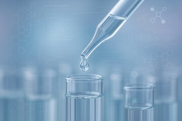 Close-up of pipette dropping liquid into test tube with futuristic scientific interface on blue background in medical laboratory concept. Ai generative