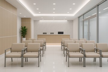 Fototapeta premium Modern beige waiting room with rows of empty chairs and a reception desk in a bright minimalistic interior with wooden accents and soft lighting. Ai generative
