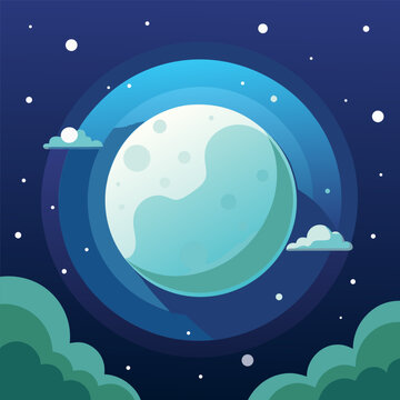 Stylized illustration of a bright, glowing moon surrounded by blue rings