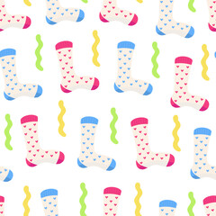 Socks seamless pattern with hearts, love pair sock. Vector Illustration for printing, backgrounds, covers and packaging. Image can be used for cards, posters and textile. Isolated on white background.