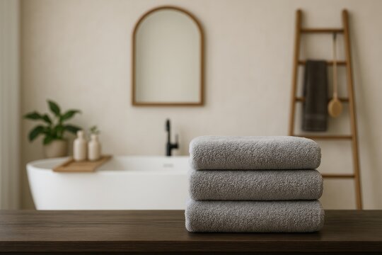 Soft gray towels stacked on wooden counter in cozy modern bathroom interior with elegant decor and warm neutral tones, mirror and bathtub in background. Ai generative - Powered by Adobe