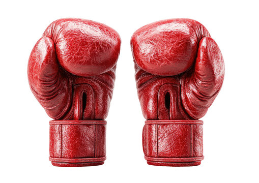 Two worn, red leather boxing gloves face forward