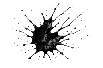 Black liquid splash creating an abstract design, ink splattering with drops and streaks. Isolated on transparent background