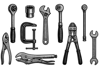 Fototapeta premium Vintage hand drawn tools collection with detailed engraving style