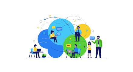 Flat Illustration of Connected People Working Remotely with Laptop Computer