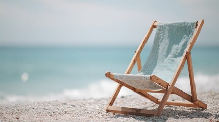 Wooden deck chair on a pebbled beach. the chair is made of light-colored wood and has a blue and white striped seat and backrest.
