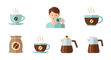 Flat Design Various Coffee Elements with Man Drinking a Cup Illustration
