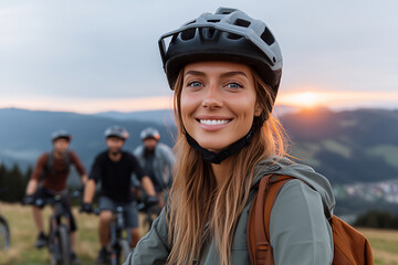 Smiling female cyclist enjoying outdoor adventure with group of friends during scenic mountain biking tour