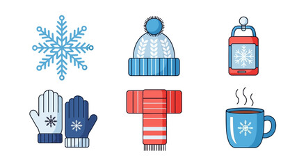 Flat Design Winter Season Icon Set with Snowflake and Clothing