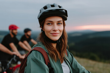 Group of cyclists enjoying outdoor mountain biking adventure during golden hour sunset light moment