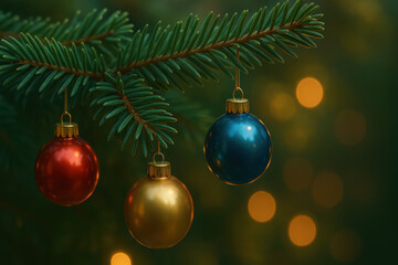Fototapeta premium Christmas ornament pine branch holiday decoration red bauble gold bauble blue bauble festive lights evergreen tree shiny ball seasonal decor