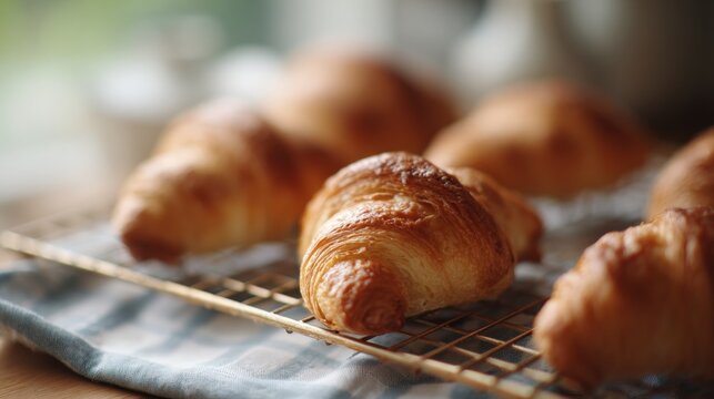 Group of freshly baked croissants on a wire cooling rack. the croissant in the foreground is golden brown and has a flaky texture.