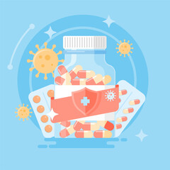 Antiviral Medicine Bottle Vector with Pills and Protection Symbol