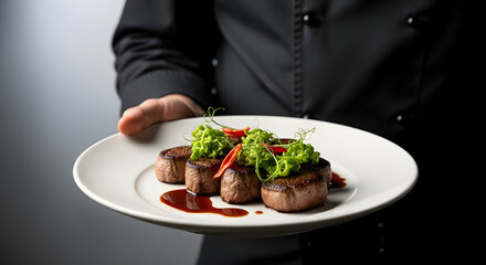 Chef presents a plate of gourmet beef tenderloin medallions with garnish
