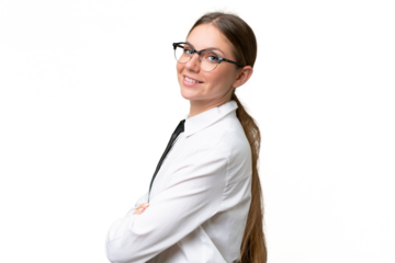 Young business caucasian woman over isolated background with arms crossed and looking forward
