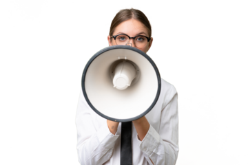 Young business caucasian woman over isolated background shouting through a megaphone