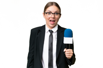 Young TV presenter caucasian woman  over isolated background with surprise and shocked facial expression