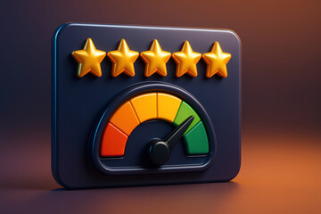 Five star rating with colorful speedometer gauge showing high performance and excellent quality, symbolizing positive feedback and top customer satisfaction