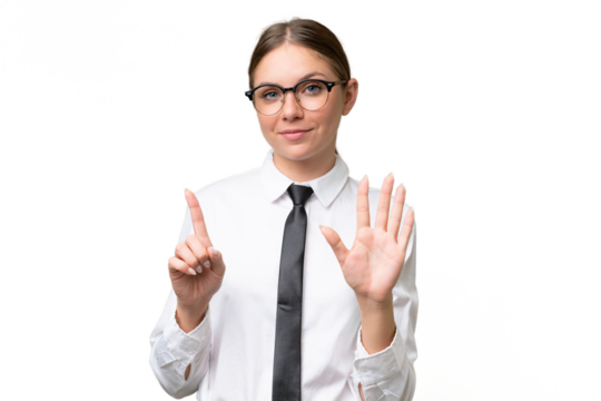 Young business caucasian woman over isolated background counting six with fingers