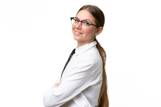 Young business caucasian woman over isolated background with arms crossed and looking forward