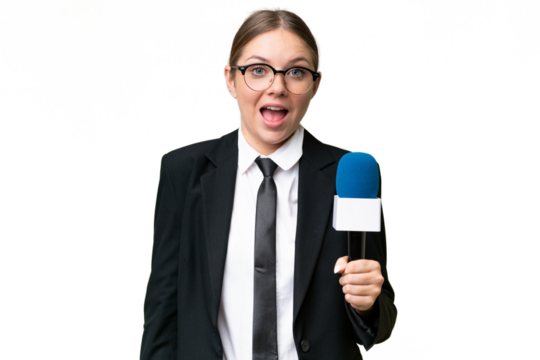 Young TV presenter caucasian woman  over isolated background with surprise and shocked facial expression