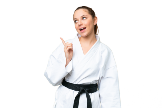 Young blonde woman doing karate over isolated chroma key background intending to realizes the solution while lifting a finger up