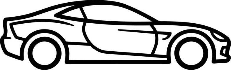 Black and white line art illustration of a sleek sports car or coupe, viewed from the side, depicting modern automotive design.
