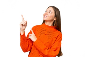 Young blonde woman over isolated chroma key background pointing with the index finger a great idea
