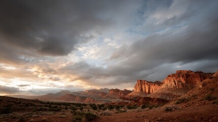 Landscape photograph of a desert landscape. the sky is filled with dark, ominous clouds that are covering the entire sky.
