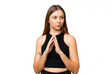 Young blonde woman over isolated chroma key background scheming something