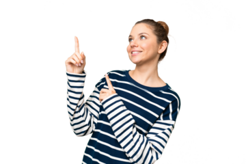 Young blonde woman over isolated chroma key background pointing with the index finger a great idea