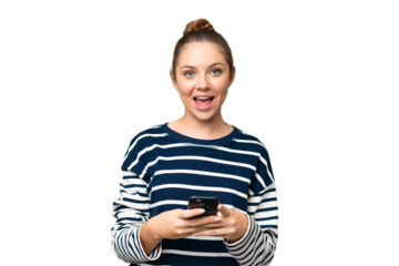 Young blonde woman over isolated chroma key background surprised and sending a message