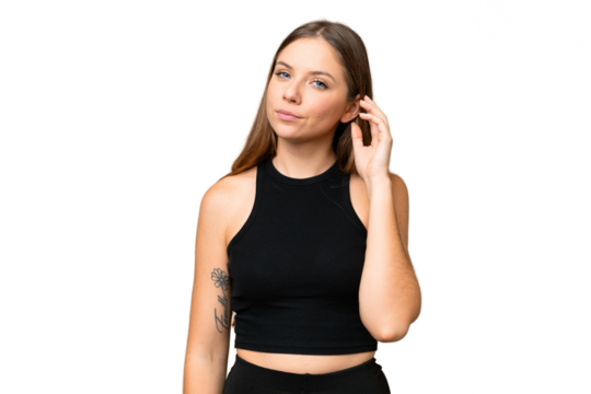 Young blonde woman over isolated chroma key background having doubts