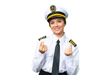 Airplane pilot woman over isolated chroma key background making money gesture