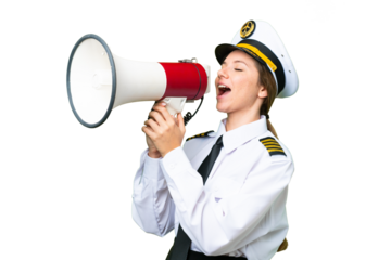 Airplane pilot woman over isolated chroma key background shouting through a megaphone