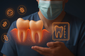 Dental health concept with dentist holding glowing teeth and bacteria icons, showing oral care and protection against germs in medical environment