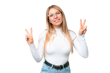 Young pretty blonde woman over isolated chroma key background showing victory sign with both hands