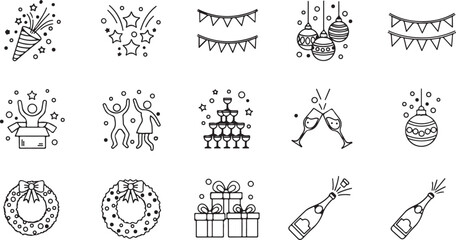 Line style party icon collection featuring celebration, dancing, music, congrats symbols.eps