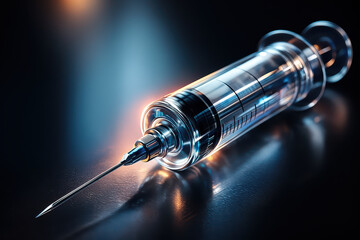 Close up syringe medical equipment injection needle healthcare tool transparent syringe metal needle liquid medicine sterile instrument vaccination device medical treatment