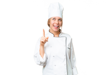 Young chef woman over isolated chroma key background pointing up and surprised