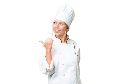 Young chef woman over isolated chroma key background pointing to the side to present a product