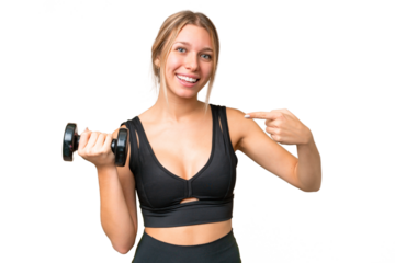 Blonde sport woman making weightlifting over isolated chroma key background and pointing it