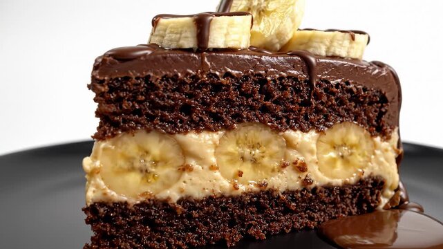 Close Up of Chocolate Banana Cake Slice With Drizzle