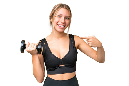 Blonde sport woman making weightlifting over isolated chroma key background and pointing it