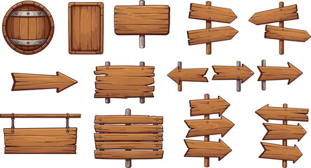 Wooden signs, cartoon arrows, rustic boards, vector illustration, directional icons, game props, signage elements, black and white, hand-drawn style